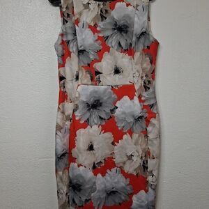 Calvin Klein Red Floral Midi Sheath Dress with Gray and Cream Blooms